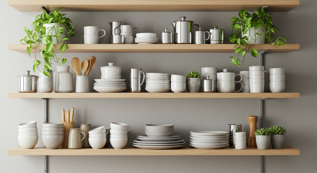 Open shelving styled with attractive kitchenware and plants