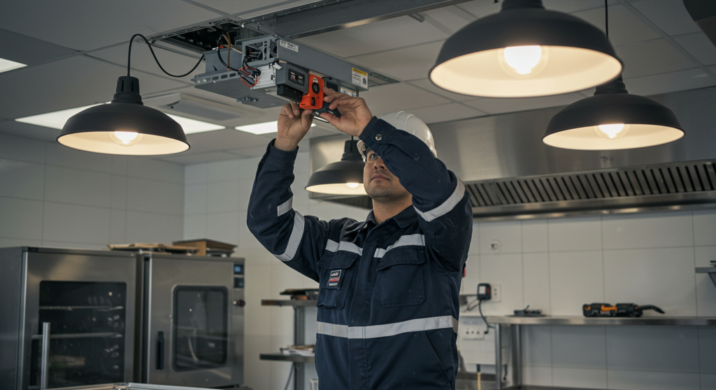 An electrician installing new lighting fixtures.