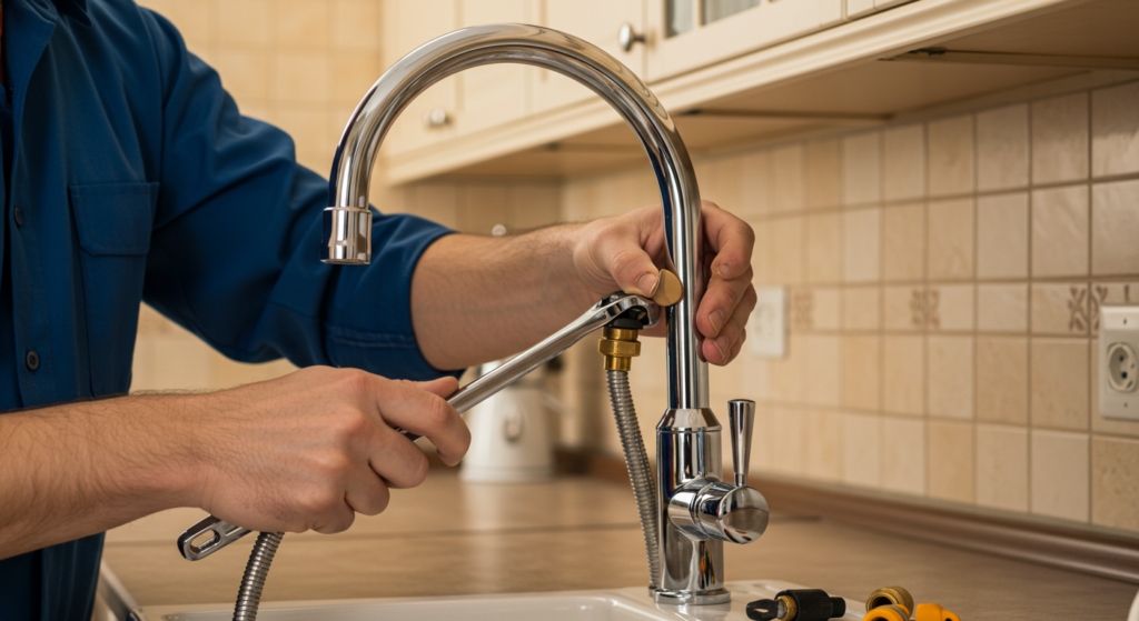 A plumber installing a new kitchen faucet.