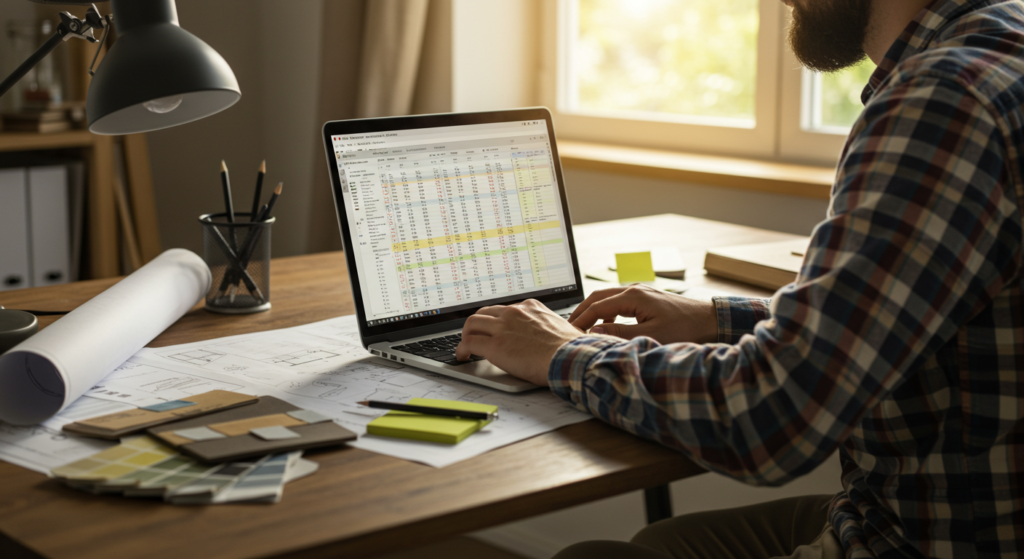 A person looking at a renovation timeline or budget spreadsheet on a laptop.