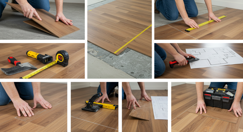DIY flooring installation steps: acclimating materials, gathering tools, planning layout.