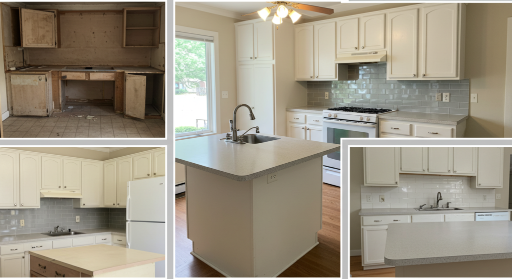 A collage of before-and-after photos from a successful DIY kitchen remodel.