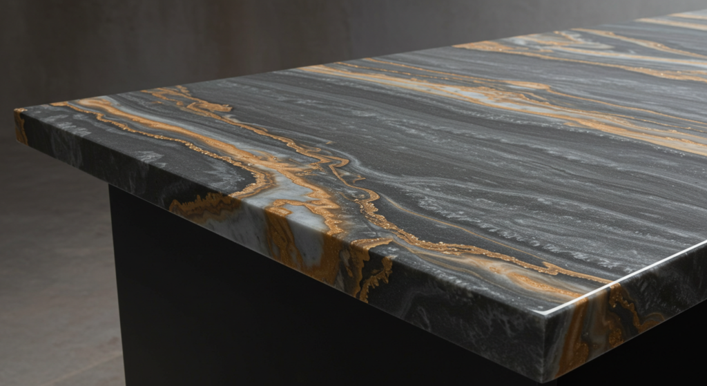  A countertop with an epoxy coating, showcasing a stone-like finish.
