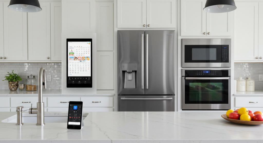 A modern kitchen showcasing a smart refrigerator with a family calendar on its screen, along with other smart appliances that are controlled via voice activation. This image will show how to incorporate smart devices into the kitchen, in a functional and aesthetic manner.
