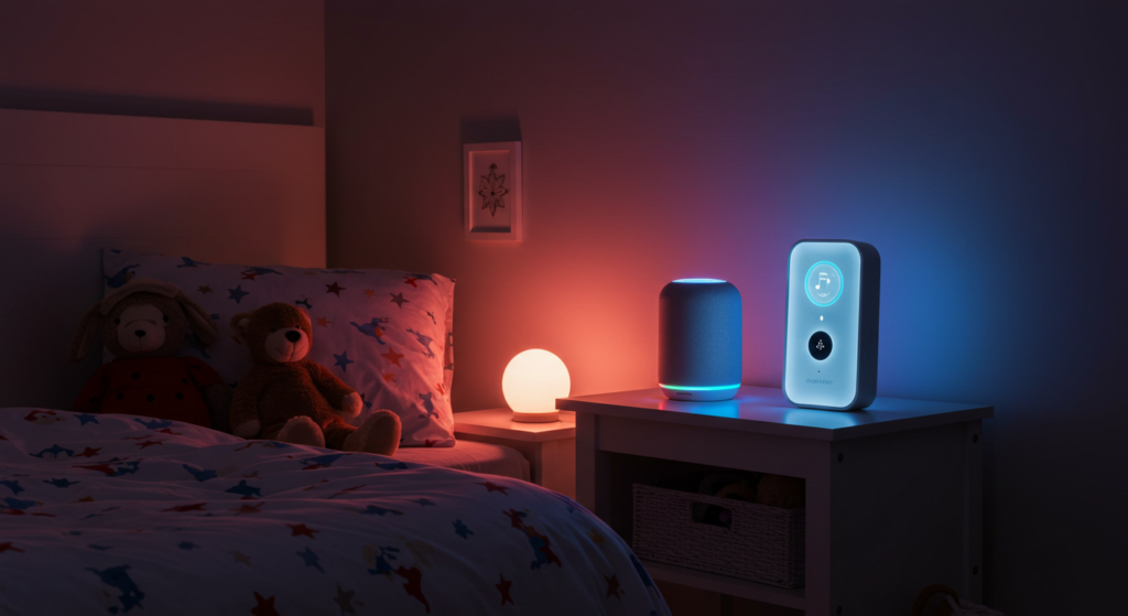 An image of a child's bedroom with smart lighting that is set to a calming color, along with a smart speaker and a air quality monitor, which highlights how these devices can help create a safe and relaxing bedroom environment. It showcases how to create a comfortable atmosphere that is also great for sleep.