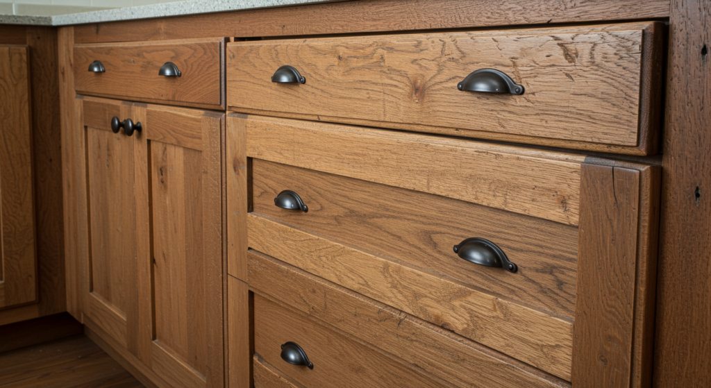Reclaimed wood kitchen cabinets with visible wood grain and character.