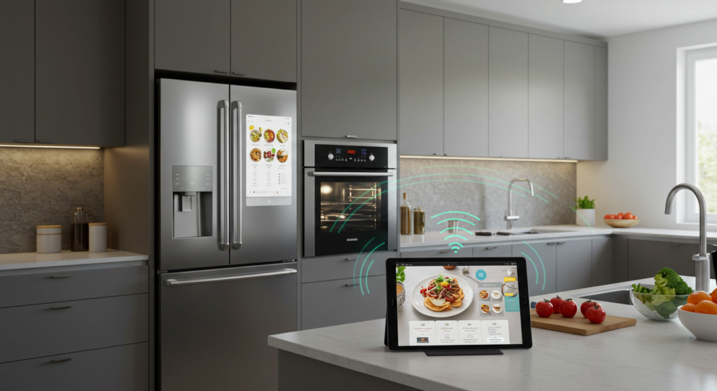 Connected smart kitchen appliances coordinating meal preparation.