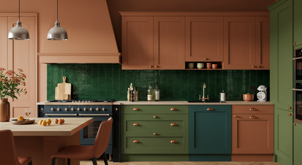 Kitchen design featuring earthy tones and jewel tone accents.