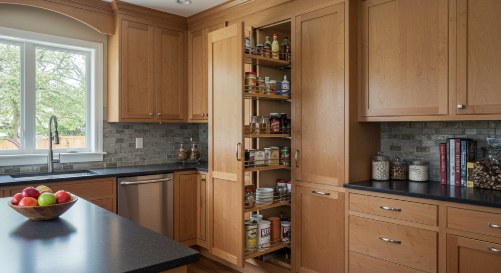 Kitchen with clutter-free countertops and hidden pull-out pantry storage.