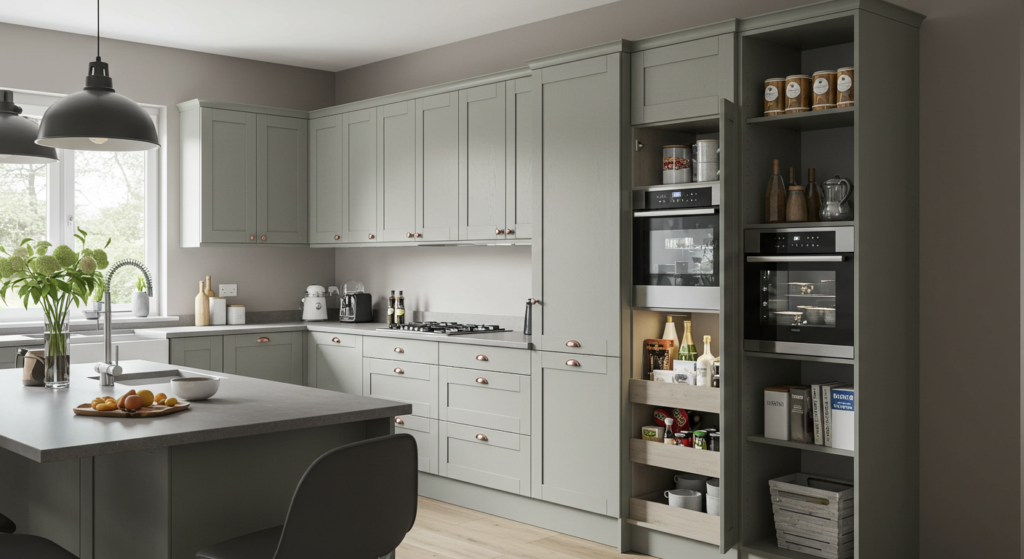 Kitchen with floor-to-ceiling cabinetry maximizing vertical storage space.