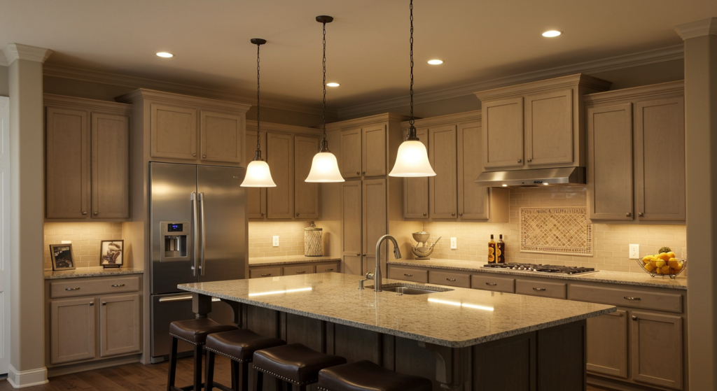 Kitchen with layered lighting including task, ambient, and accent lights.