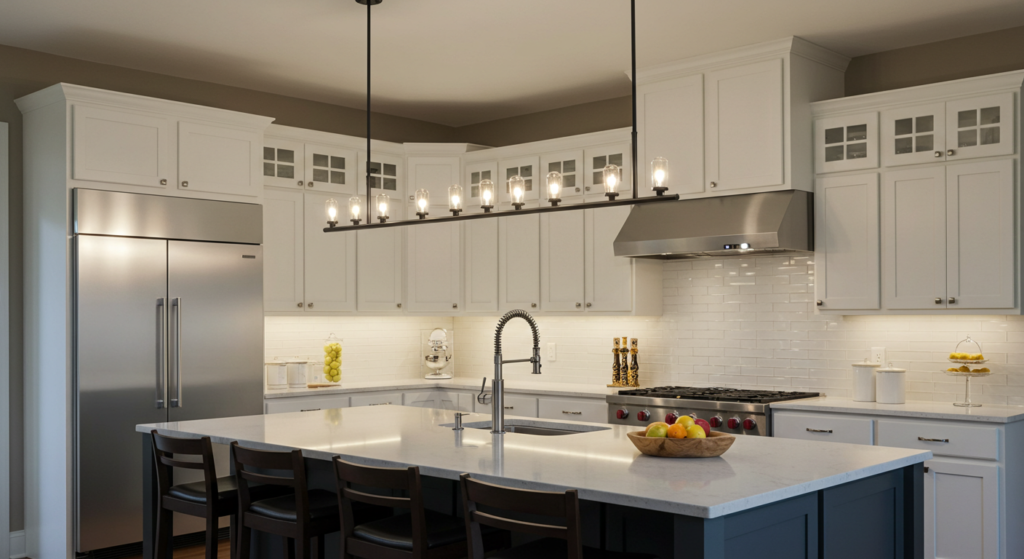 Kitchen with a statement oversized pendant lighting fixture.