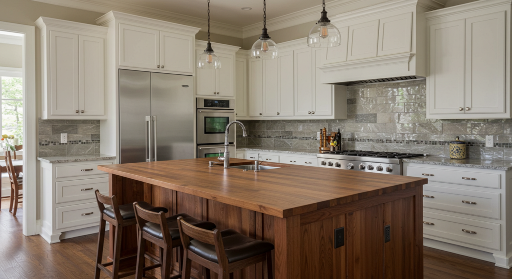 Kitchen with mixed material countertops: wood island and stone perimeter.