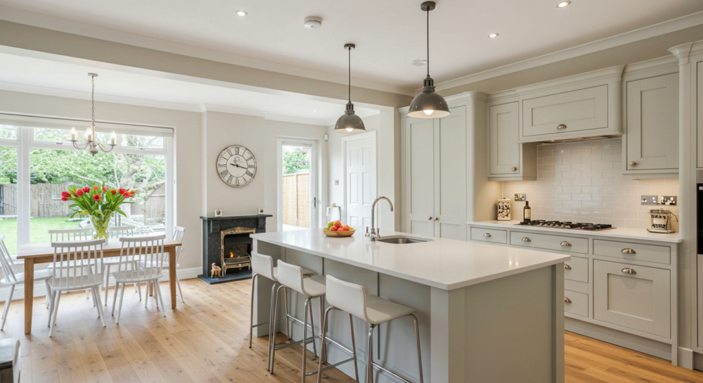 Flexible open-plan kitchen with island serving as both prep and dining area.