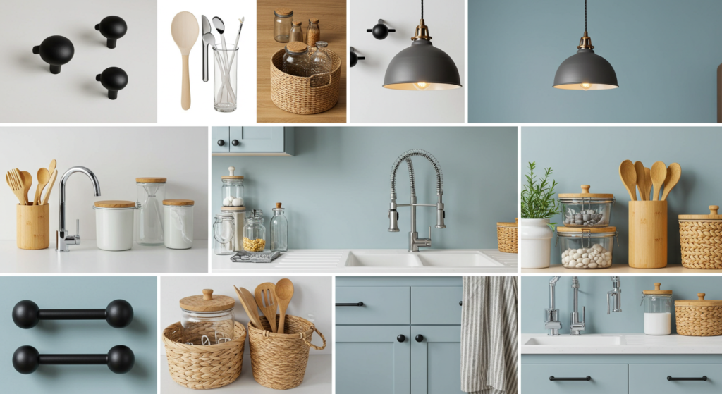 Budget-friendly kitchen update ideas for 2025: hardware, lighting, paint, faucet, sustainable accessories.