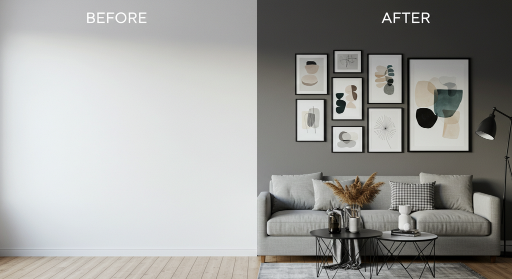 Blank wall in living room transformed with stylish modern art decor.