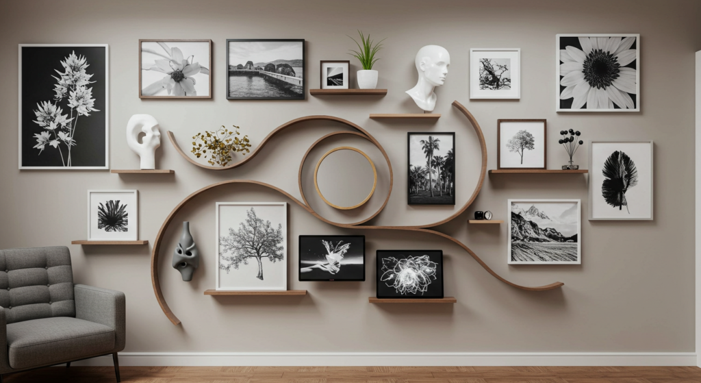 Modern gallery wall with mixed mediums: photos, mirrors, sculpture, digital art.