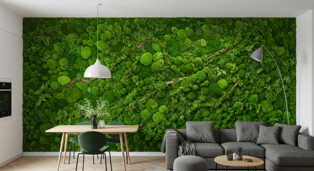 Preserved moss wall in a modern interior bringing natural texture indoors.