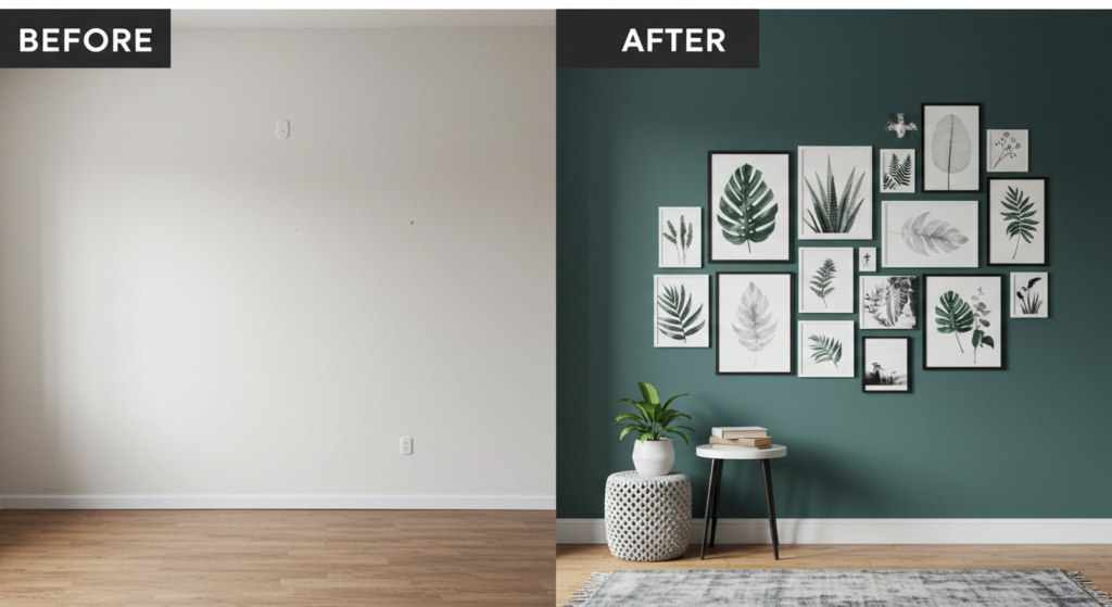DIY Wall Art Before and after: blank wall transformed into a stunning display with DIY wall art.