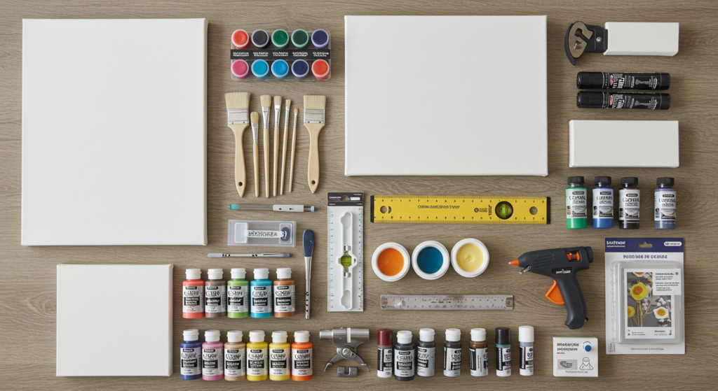 Essential DIY wall art materials and tools: canvas, paints, brushes, scissors, ruler, glue gun.