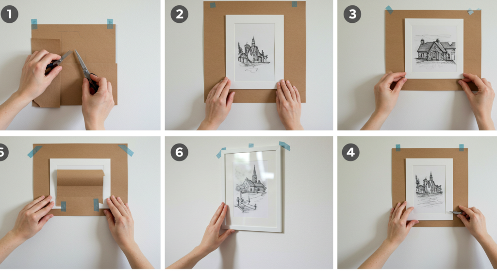 Precise gallery wall hanging method using paper templates for perfect placement.