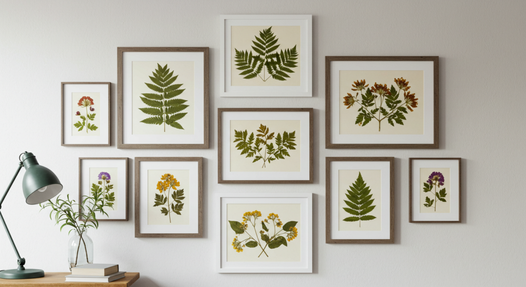 Framed DIY botanical prints with pressed flowers and leaves, budget-friendly and elegant.
