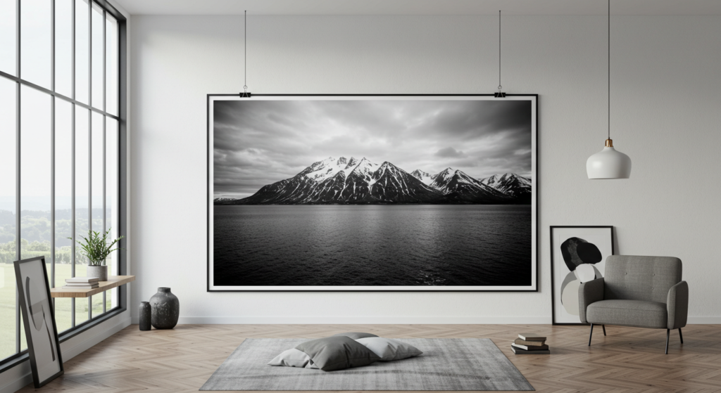 Oversized black and white photography engineer print, budget-friendly and modern.