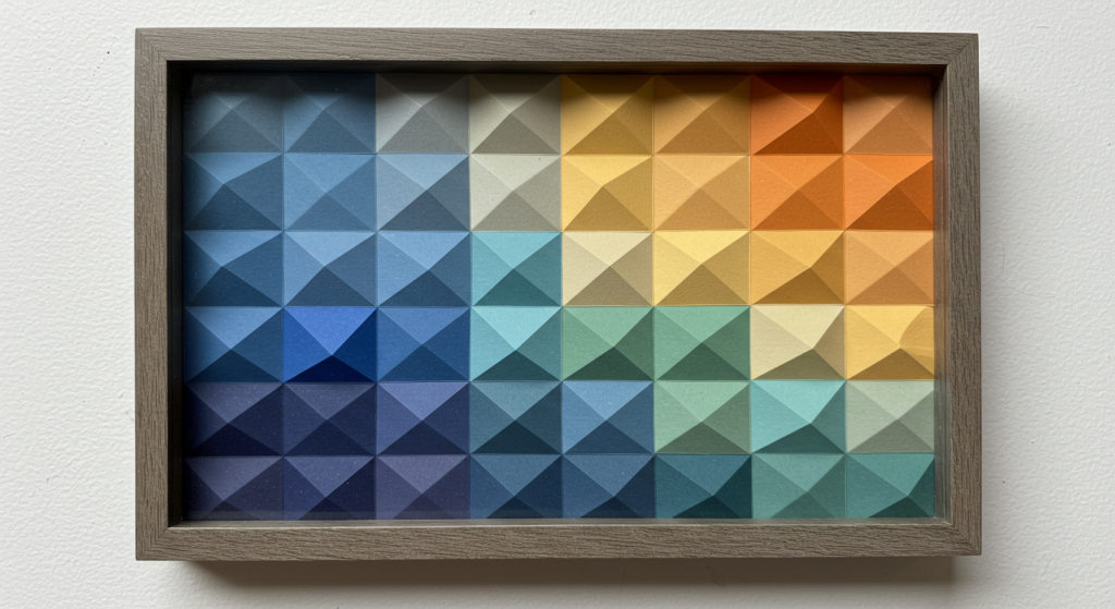 DIY paper collage art in shadow box frame, budget-friendly and creative weekend project.