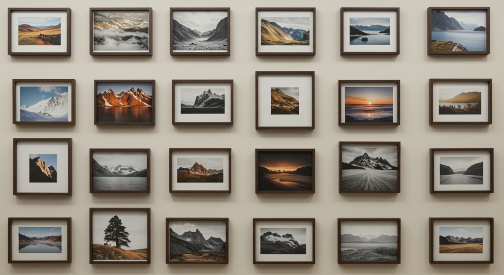 Grid gallery wall layout with same-sized frames in a uniform grid.