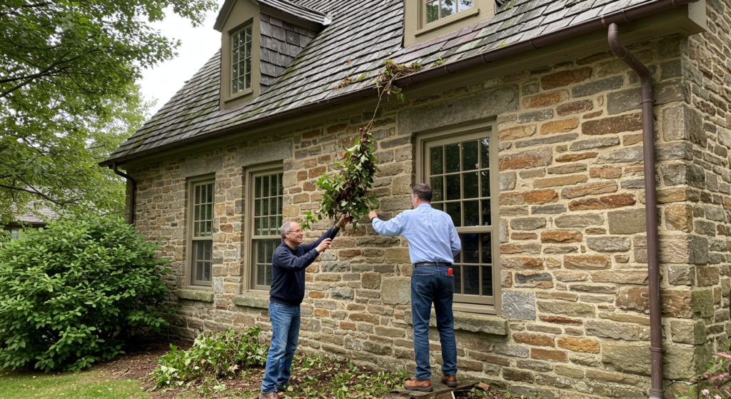 This image shows a homeowner performing gutter maintenance, clearing away leaves and debris from their stone house's gutters. This helps to showcase the important steps needed to maintain the health of your historic home.