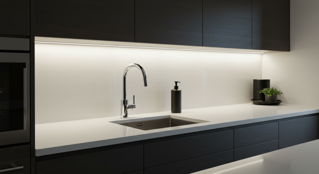 Under-cabinet LED strip lights illuminating a countertop workspace