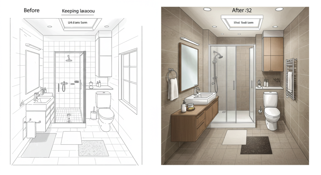 Bathroom floor plan before and after remodel, showing no changes to plumbing layout.
