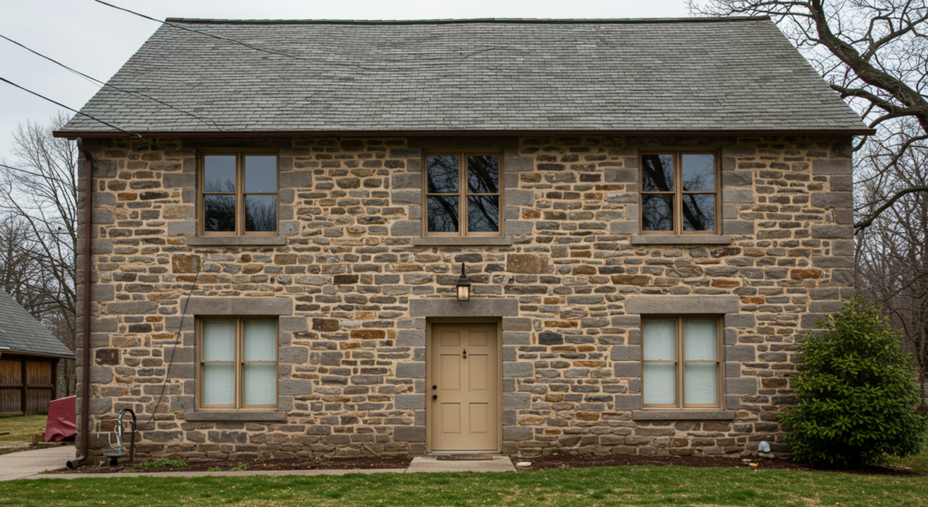 This image shows an old stone home, with newly restored, period-appropriate windows, which have been properly installed. This image demonstrates the careful craftsmanship needed to restore historical features of old stone homes and the way the windows complement the architectural style of the house.