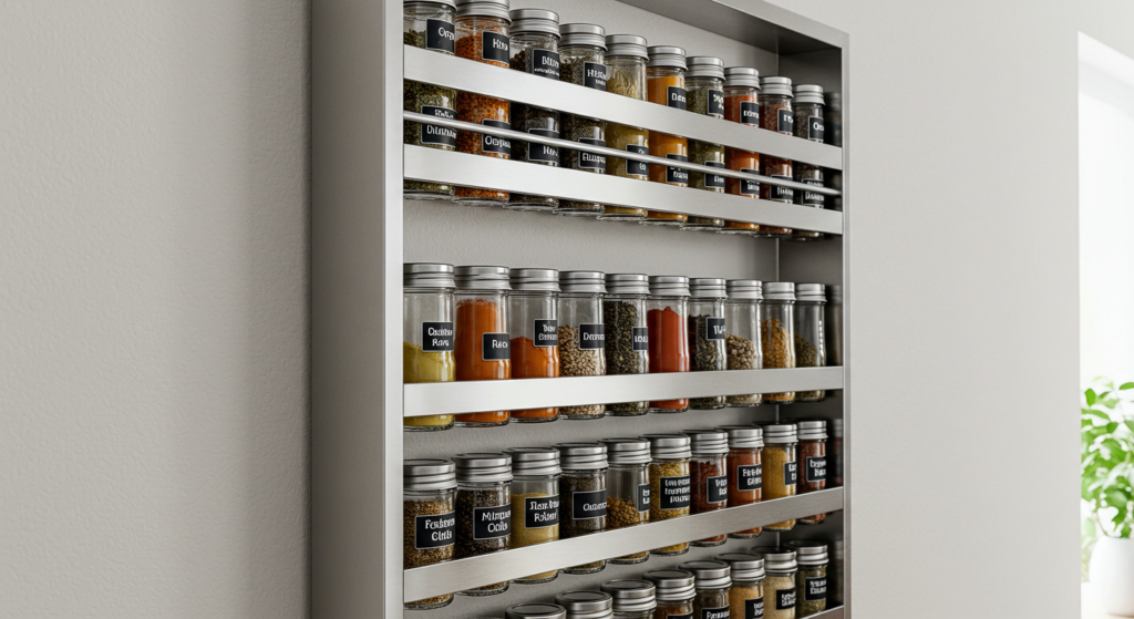 A wall-mounted spice rack maximizing vertical space.