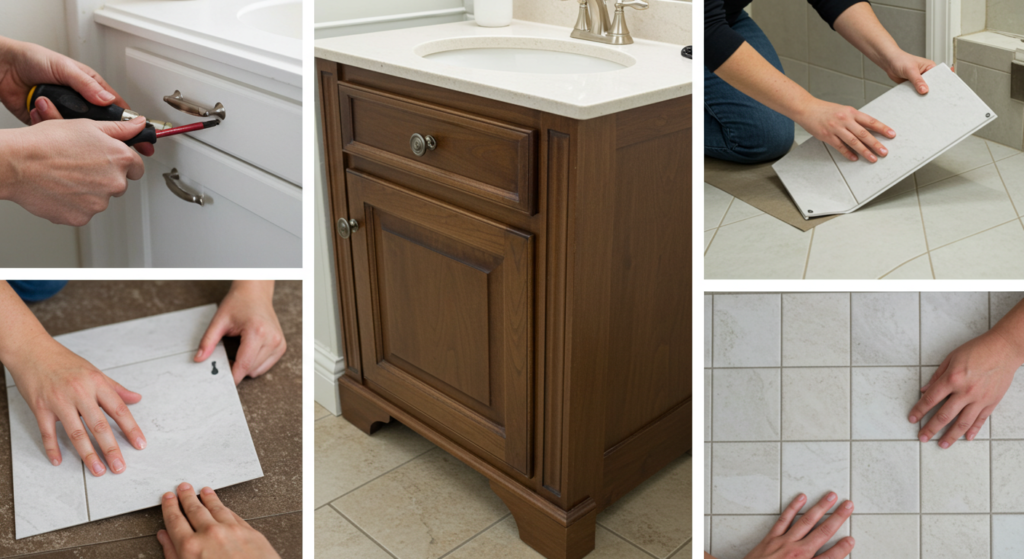 DIY bathroom remodel tasks: painting vanity, installing hardware, laying peel-and-stick tiles