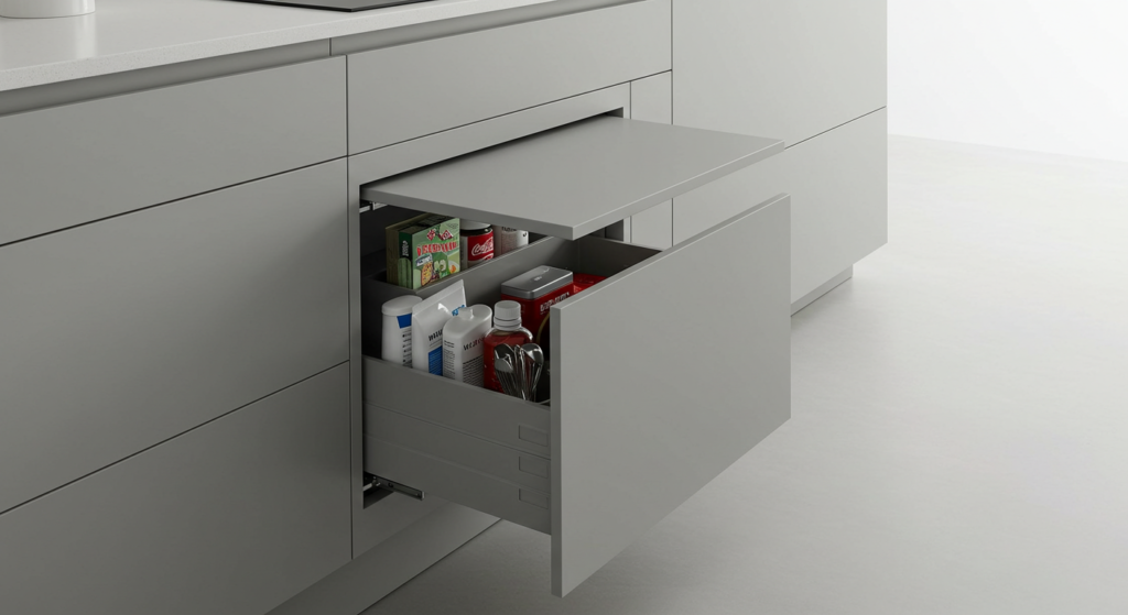 Toe-kick drawers providing hidden storage.