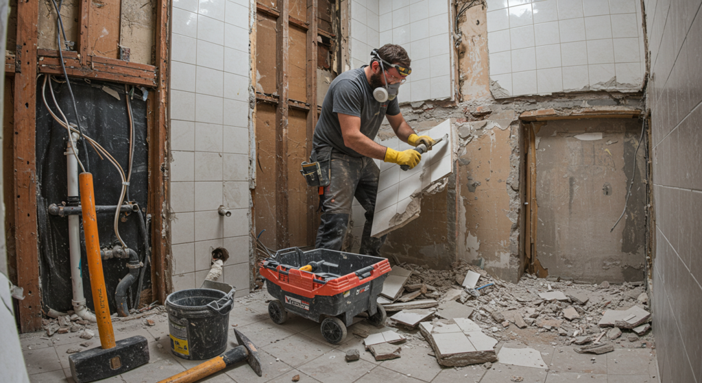 Bathroom demolition phase of a budget remodel, removing old vanity.