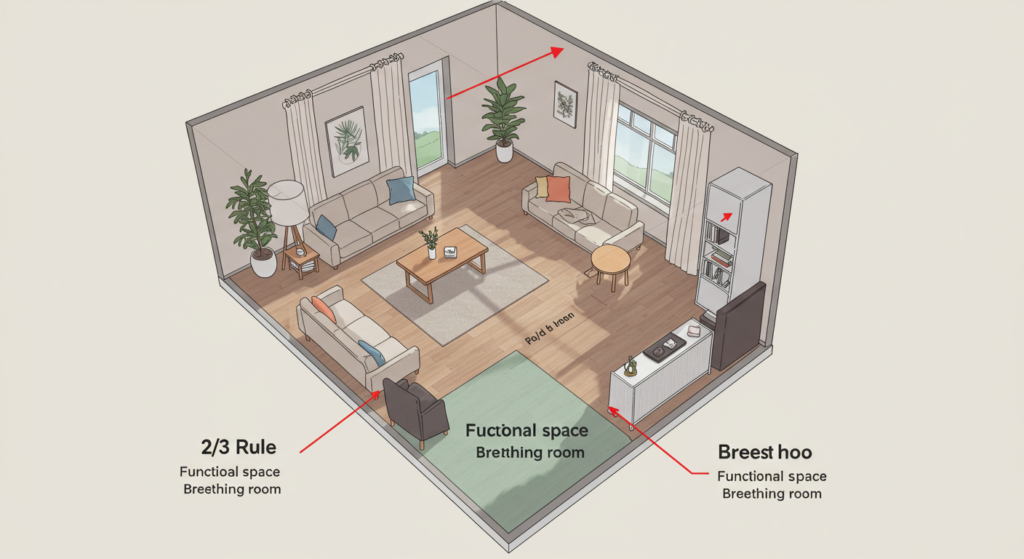 Diagram illustrating the 2/3 Rule in furniture arrangement: 2/3 furniture space, 1/3 breathing room.
