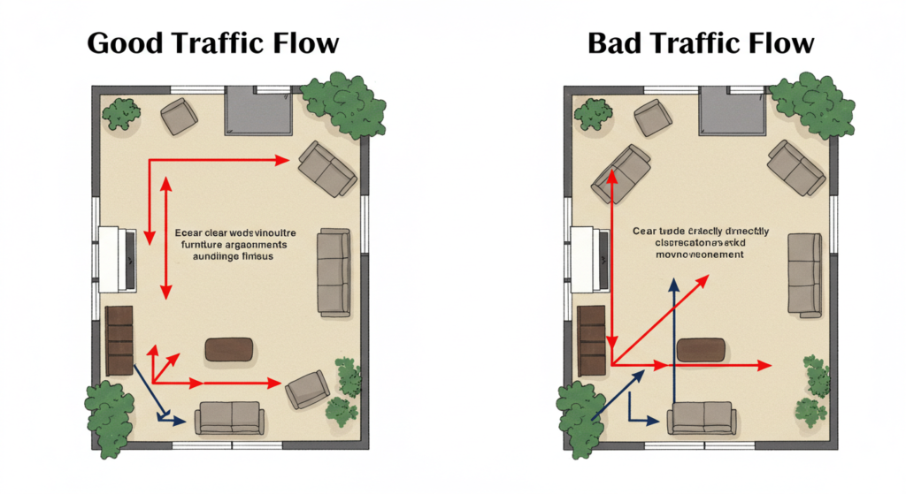 Diagram illustrating good and bad traffic flow in furniture arrangement: flow around vs. through furniture.