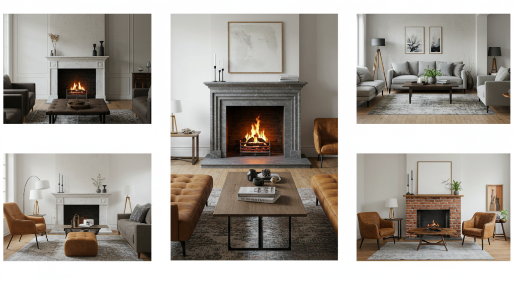 Living room with fireplace as natural focal point, furniture arranged around fireplace.