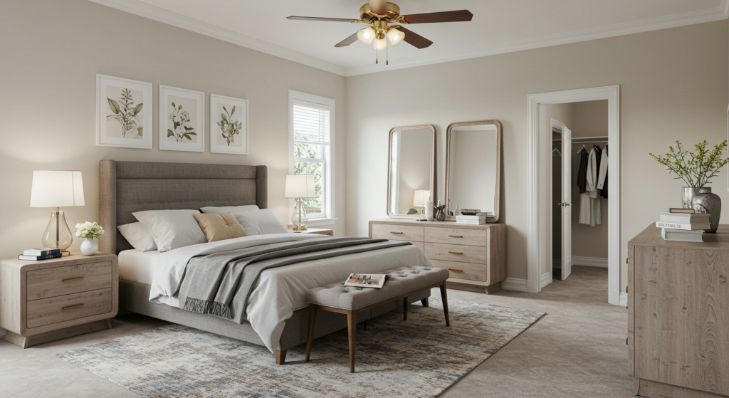Well-arranged bedroom with balanced furniture layout, bed as focal point, and clear walkways