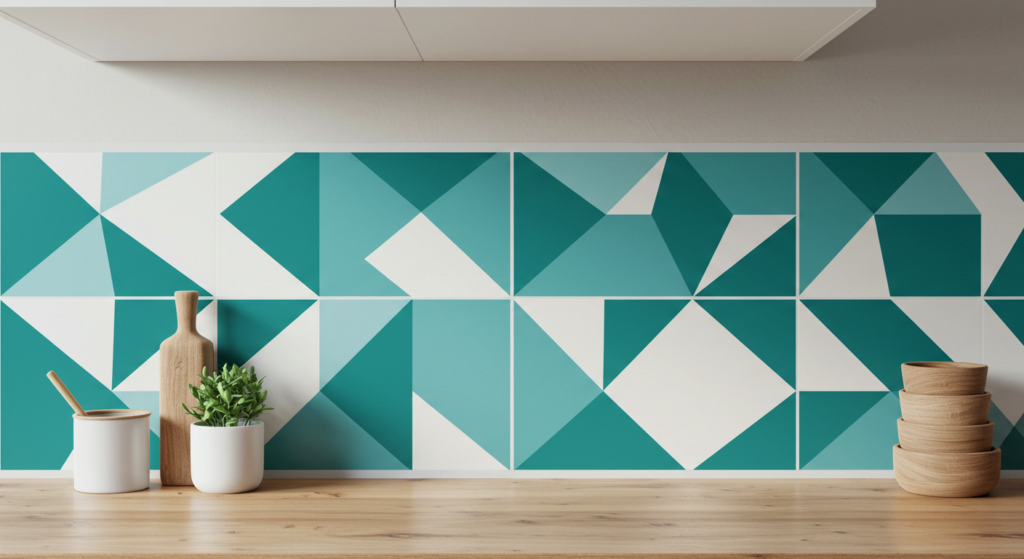 A peel-and-stick backsplash with a modern geometric pattern.


