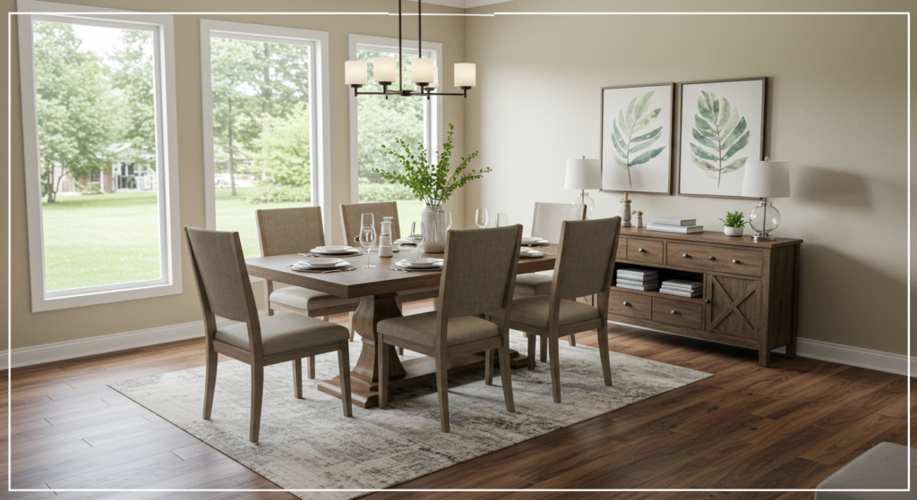 Well-arranged dining room with centered table, ample spacing, and functional layout.