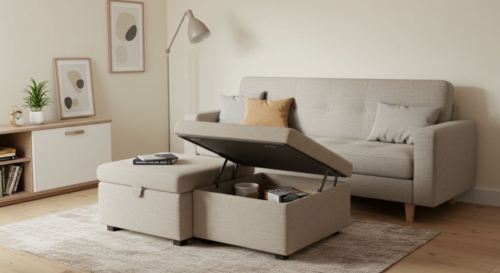 Small living room with multi-functional ottoman used for storage and coffee table.
