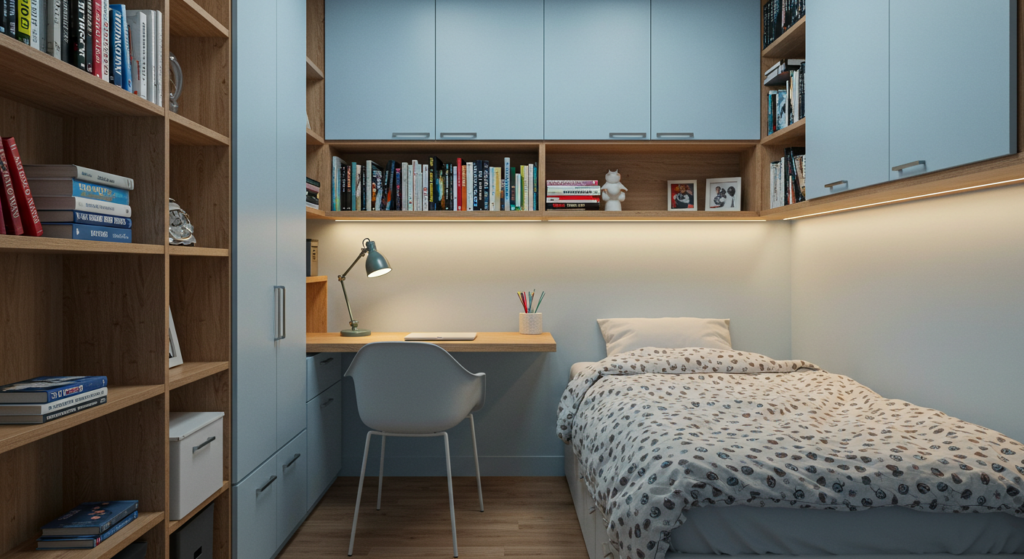 Small bedroom utilizing vertical space with floating shelves and tall bookcases.
