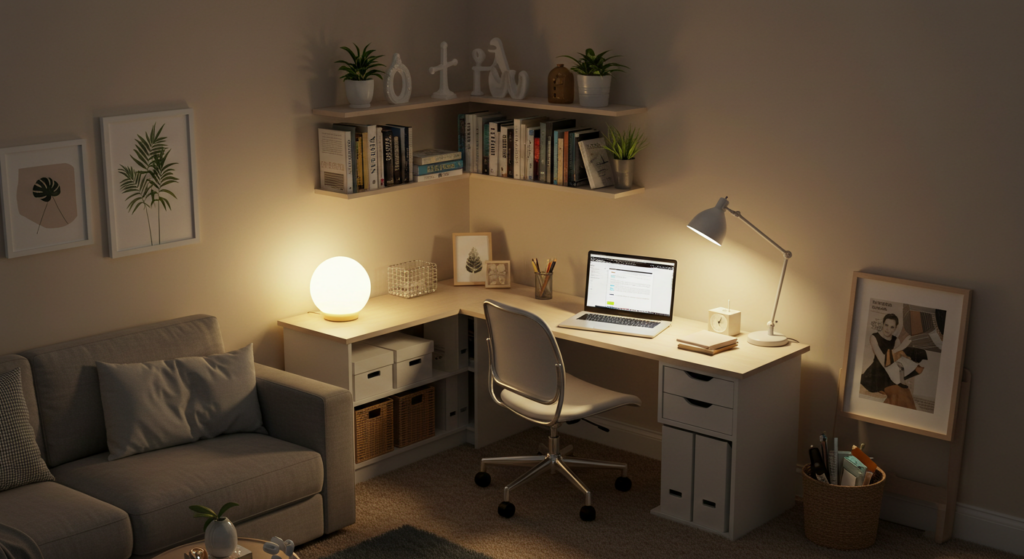 Small office corner optimized with L-shaped desk and corner shelving.
