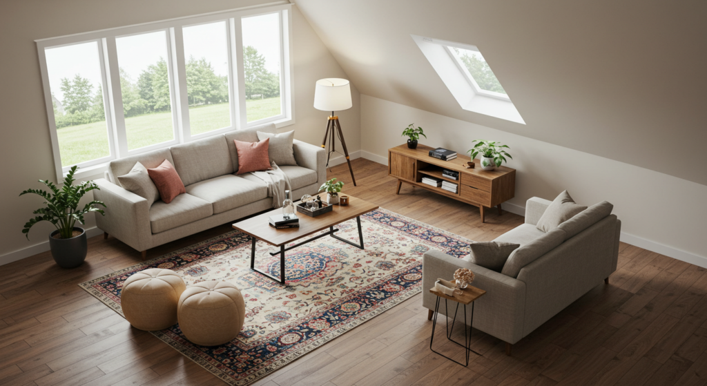 Furniture arrangement in an irregularly shaped room using rugs to define zones and balance layout.