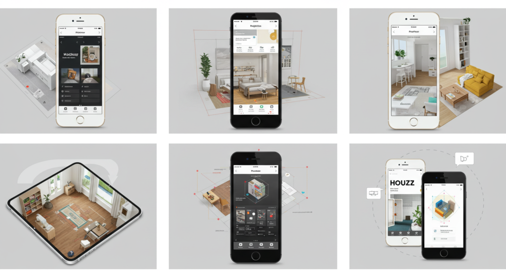 Room planning apps: RoomPlanner, Magicplan, Houzz, Planner 5D app interface screenshots.