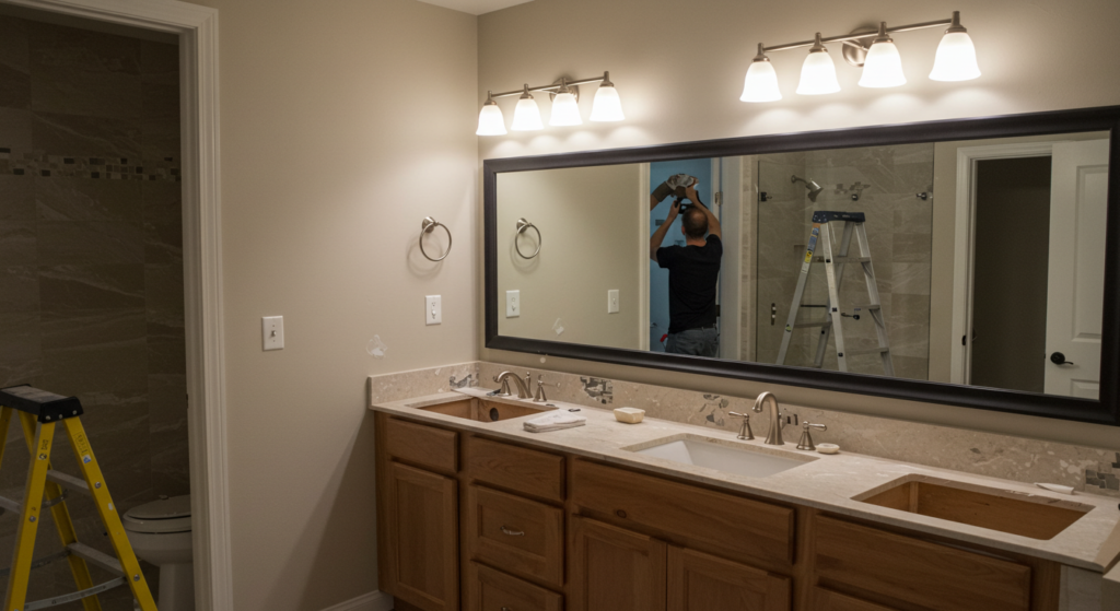 Bathroom remodel finishing touches phase, installing vanity and lighting fixtures.