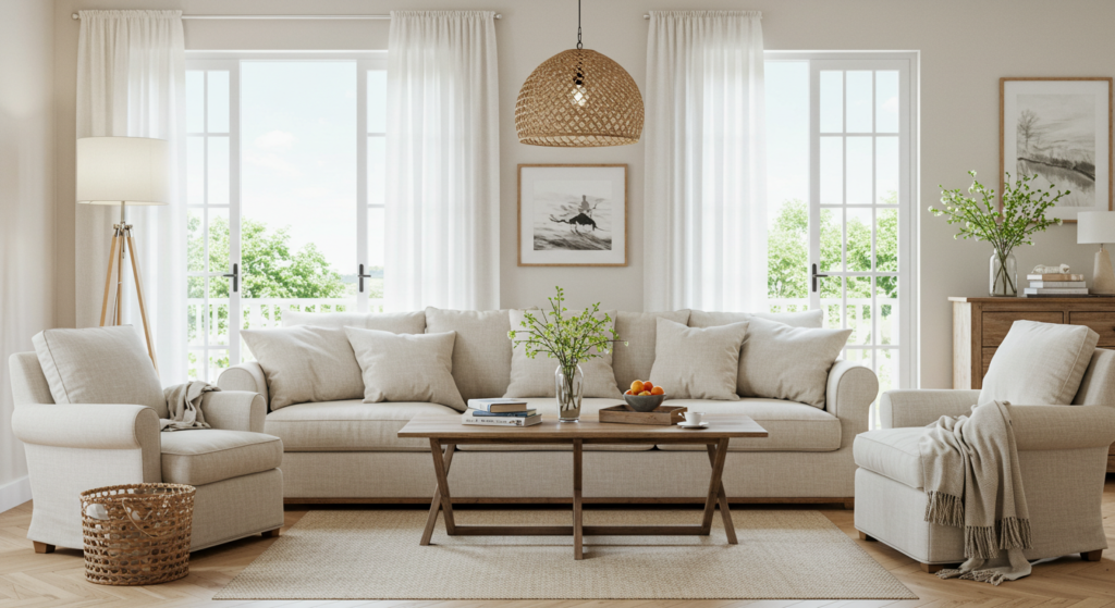 Summer living room furniture arrangement: airy, open, maximizing breezes and light.